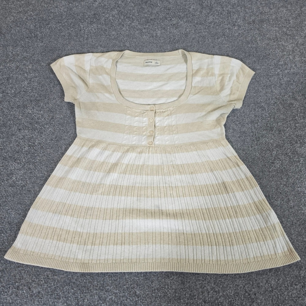 Hollister Womens Large Beige Striped Short Sleeve Babydoll Knit Top Scoop Neck